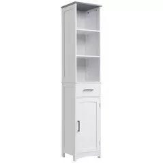 kleankin Tall Bathroom Storage Cabinet with 3 Tier Shelf, Cupboard, Drawer, Door, Freestanding Linen Tower, Slim Side Organizer, White - 1