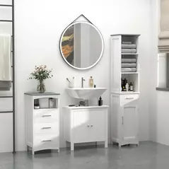 kleankin Tall Bathroom Storage Cabinet with 3 Tier Shelf, Cupboard, Drawer, Door, Freestanding Linen Tower, Slim Side Organizer, White - 9