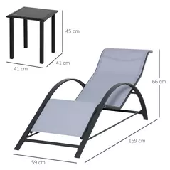 Outsunny 3 Pieces Lounge Chair Set Metal Frame Garden Outdoor Recliner Sunbathing Chair with Table, Light Grey - 3