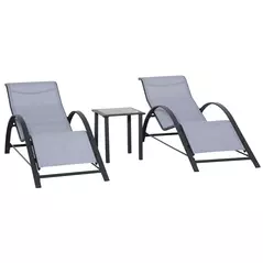 Outsunny 3 Pieces Lounge Chair Set Metal Frame Garden Outdoor Recliner Sunbathing Chair with Table, Light Grey - 1