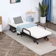 HOMCOM Folding Bed with Mattress, Single Guest Bed, Portable Fold Bed with Adjustable Backrest, Metal Frame on Wheels, White, 190 x 76 cm - 2