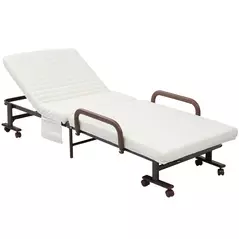 HOMCOM Folding Bed with Mattress, Single Guest Bed, Portable Fold Bed with Adjustable Backrest, Metal Frame on Wheels, White, 190 x 76 cm - 1