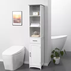 kleankin Tall Bathroom Storage Cabinet with 3 Tier Shelf, Cupboard, Drawer, Door, Freestanding Linen Tower, Slim Side Organizer, White - 2