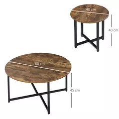HOMCOM Round Coffee Table, Set of 2 Side Table with Metal Frame, Industrial End Table for Living Room Bedroom, Rustic Brown - 3