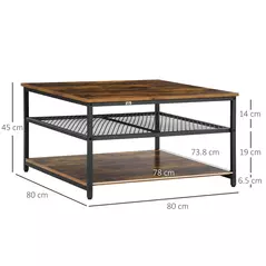 HOMCOM Coffee Table, Living Room Table with 3-Tier Storage Shelves, Square Tea Table for Home Office, Rustic Brown - 3