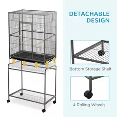 PawHut Large Bird Cage Budgie Cage with Stand, Storage Shelf, Wood Perch for Parrot Canary Parakeet Cockatiels, 81 x 48 x 162.5 cm - 6