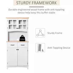 HOMCOM Freestanding Kitchen Cupboard, Kitchen Storage Cabinet with Framed Glass Doors, 2 Drawers, Microwave Counter, 172cm, White - 6