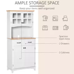 HOMCOM Freestanding Kitchen Cupboard, Kitchen Storage Cabinet with Framed Glass Doors, 2 Drawers, Microwave Counter, 172cm, White - 4