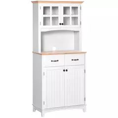 HOMCOM Freestanding Kitchen Cupboard, Kitchen Storage Cabinet with Framed Glass Doors, 2 Drawers, Microwave Counter, 172cm, White - 2