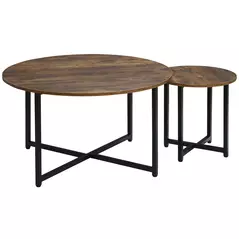 HOMCOM Round Coffee Table, Set of 2 Side Table with Metal Frame, Industrial End Table for Living Room Bedroom, Rustic Brown - 1