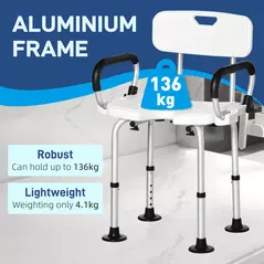 HOMCOM Shower Chair for the Elderly and Disabled, Height Adjustable Shower Stool with Back and Flipped Padded Arms, Suction Foot Pads, White - 4