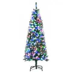 HOMCOM 5FT Tall Prelit Pencil Slim Artificial Christmas Tree with Realistic Branches, 250 Colourful LED Lights and 408 Tips, Xmas Decoration, Green - 1