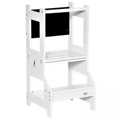 HOMCOM 2 in 1 Kids Kitchen Step Stool with Safety Rail Toddler Steps with Chalkboard for Kitchen Bathroom, White - 1