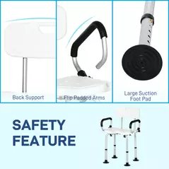 HOMCOM Shower Chair for the Elderly and Disabled, Height Adjustable Shower Stool with Back and Flipped Padded Arms, Suction Foot Pads, White - 5