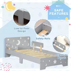 ZONEKIZ Kids Toddler Bed, with Star and Moon Patterns, Side Rails, for Ages 3-6 Years - Grey - 5