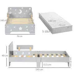 ZONEKIZ Kids Toddler Bed, with Star and Moon Patterns, Side Rails, for Ages 3-6 Years - Grey - 3
