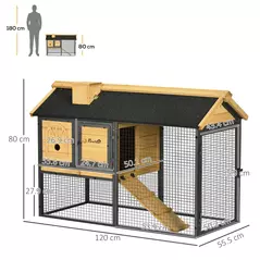 PawHut Outdoor Rabbit Hutch, with Run, Removable Tray, Asphalt Roof, 120 x 55.5 x 80cm - 3