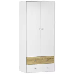 HOMCOM 2-Door Wardrobe with 2 Drawers, Hanging Rod and Anti-tipping Straps for Bedroom Clothes Storage Organisation, White - 1