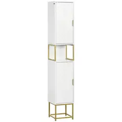 kleankin Narrow Bathroom Storage Cabinet, Freestanding Tallboy Storage Unit with Adjustable Shelf, 2 Doors and Steel Base, Slim Corner Organizer, White - 1