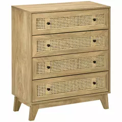 HOMCOM Storage Cabinet, 4-Drawer Unit with Rattan Element for Bedroom, Living Room, 80cmx35cmx95cm, Wood Effect - 1