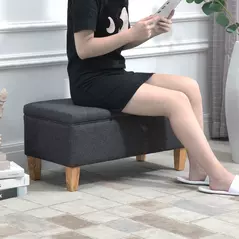 HOMCOM 30L Linen Storage Ottoman Padded Footstool with Rubberwood Legs for Storage Box, Bed End, Shoe Bench, Seating, Dark Grey - 7