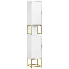 kleankin Narrow Bathroom Storage Cabinet, Freestanding Tallboy Storage Unit with Adjustable Shelf, 2 Doors and Steel Base, Slim Corner Organizer, White - 1