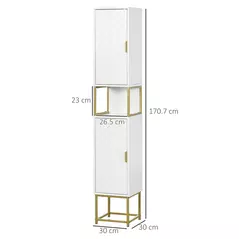 kleankin Narrow Bathroom Storage Cabinet, Freestanding Tallboy Storage Unit with Adjustable Shelf, 2 Doors and Steel Base, Slim Corner Organizer, White - 3