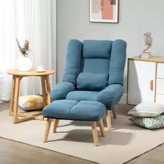 HOMCOM Armchair with Footstool, 180° Recliner with Ottoman, Accent Chair and Footstool with 3-Position Adjustable Backrest and Wooden Legs for Living Room, Blue - 2