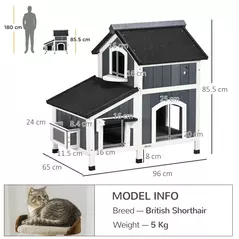 PawHut Wooden Cat House with Flower Pot, Windows, Multiple Entrances, Water-Resistant Roof for Outdoor - Grey - 3