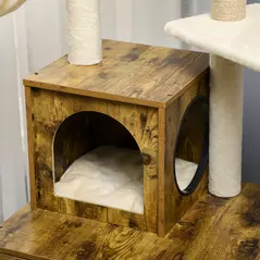 PawHut Cat Litter Box Enclosure, with Tree Tower, Cat House, Hammock, Cushion - Rustic Brown - 8