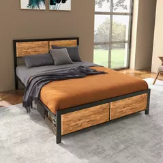HOMCOM Industrial Double Bed Frame, 5FT Steel Bed Base with Headboard, Footboard, Slatted Support and Under Bed Storage, 142 x 195cm, Rustic Brown - 2