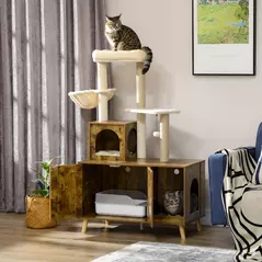 PawHut Cat Litter Box Enclosure, with Tree Tower, Cat House, Hammock, Cushion - Rustic Brown - 2
