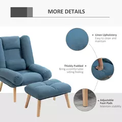 HOMCOM Armchair with Footstool, 180° Recliner with Ottoman, Accent Chair and Footstool with 3-Position Adjustable Backrest and Wooden Legs for Living Room, Blue - 7