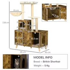 PawHut Cat Litter Box Enclosure, with Tree Tower, Cat House, Hammock, Cushion - Rustic Brown - 3