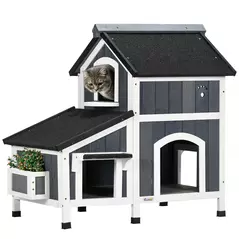 PawHut Wooden Cat House with Flower Pot, Windows, Multiple Entrances, Water-Resistant Roof for Outdoor - Grey - 1