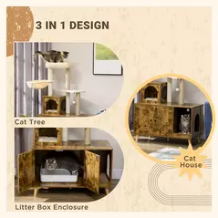 PawHut Cat Litter Box Enclosure, with Tree Tower, Cat House, Hammock, Cushion - Rustic Brown - 4