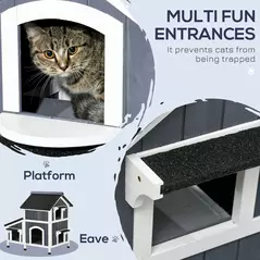 PawHut Wooden Cat House with Flower Pot, Windows, Multiple Entrances, Water-Resistant Roof for Outdoor - Grey - 4