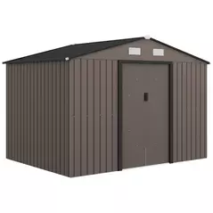 Outsunny 9 x 6ft Metal Garden Shed, Outdoor Storage Tool House with Ventilation Slots, Foundation Kit and Lockable Double Doors, Brown - 1
