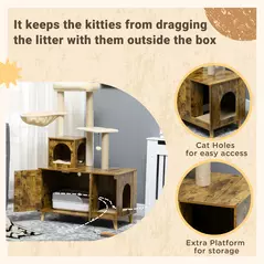 PawHut Cat Litter Box Enclosure, with Tree Tower, Cat House, Hammock, Cushion - Rustic Brown - 6