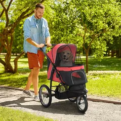 PawHut Foldable Pet Stroller with Three Wheels, for Small, Medium Dogs, Red - 2
