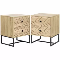 HOMCOM Bedside Table Nightstand Two-Drawer Bedroom Storage Unit Zig Zag Design with Black Metal Handles, Set of 2, Natural - 1