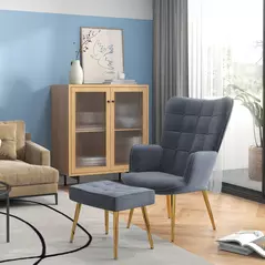 HOMCOM Modern Armchair with Footstool, Upholstered Accent Chair with Ottoman, Steel Legs, Velvet Wingback Chair for Living Room, Bedroom, Home Study, Dark Grey - 2