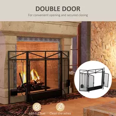 HOMCOM 3 Panel Folding Fire Guard Screen with Fireplace Tool Sets and Front Doors, Freestanding Fire Screen Spark Guard with Feet for Open Fire, Log Burner, Fireplace, 122 x77 cm, Black - 6