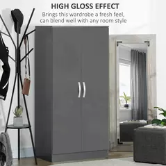 HOMCOM High Gloss Wardrobe, 2 Door Wardrobe with Hanging Rod and Storage Shelf, Clothes Storage Organizer with Anti-tipping Design for Bedroom, Grey - 4