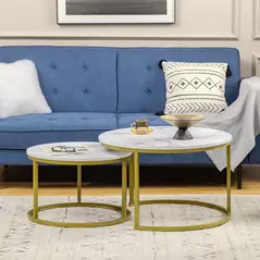 HOMCOM Coffee Table Set of 2, Round Nest of Tables with Metal Frame, Modern Side Tables for Living Room, White - 7