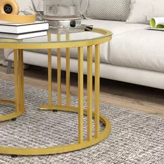 HOMCOM Round Coffee Tables Set of 2, Nesting Tables with Tempered Glass Top and Steel Frame, 60cmx60cmx47cm, Gold Tone - 9