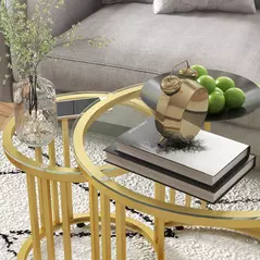 HOMCOM Round Coffee Tables Set of 2, Nesting Tables with Tempered Glass Top and Steel Frame, 60cmx60cmx47cm, Gold Tone - 8