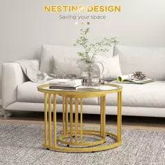 HOMCOM Round Coffee Tables Set of 2, Nesting Tables with Tempered Glass Top and Steel Frame, 60cmx60cmx47cm, Gold Tone - 4