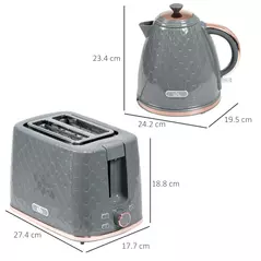 HOMCOM 1.7L 3000W Fast Boil Kettle & 2 Slice Toaster Set, Kettle and Toaster Set with Auto Shut Off, Browning Controls, Grey - 3
