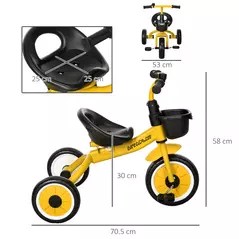 AIYAPLAY Kids Trike, Tricycle, with Adjustable Seat, Basket, Bell, for Ages 2-5 Years - Yellow - 3